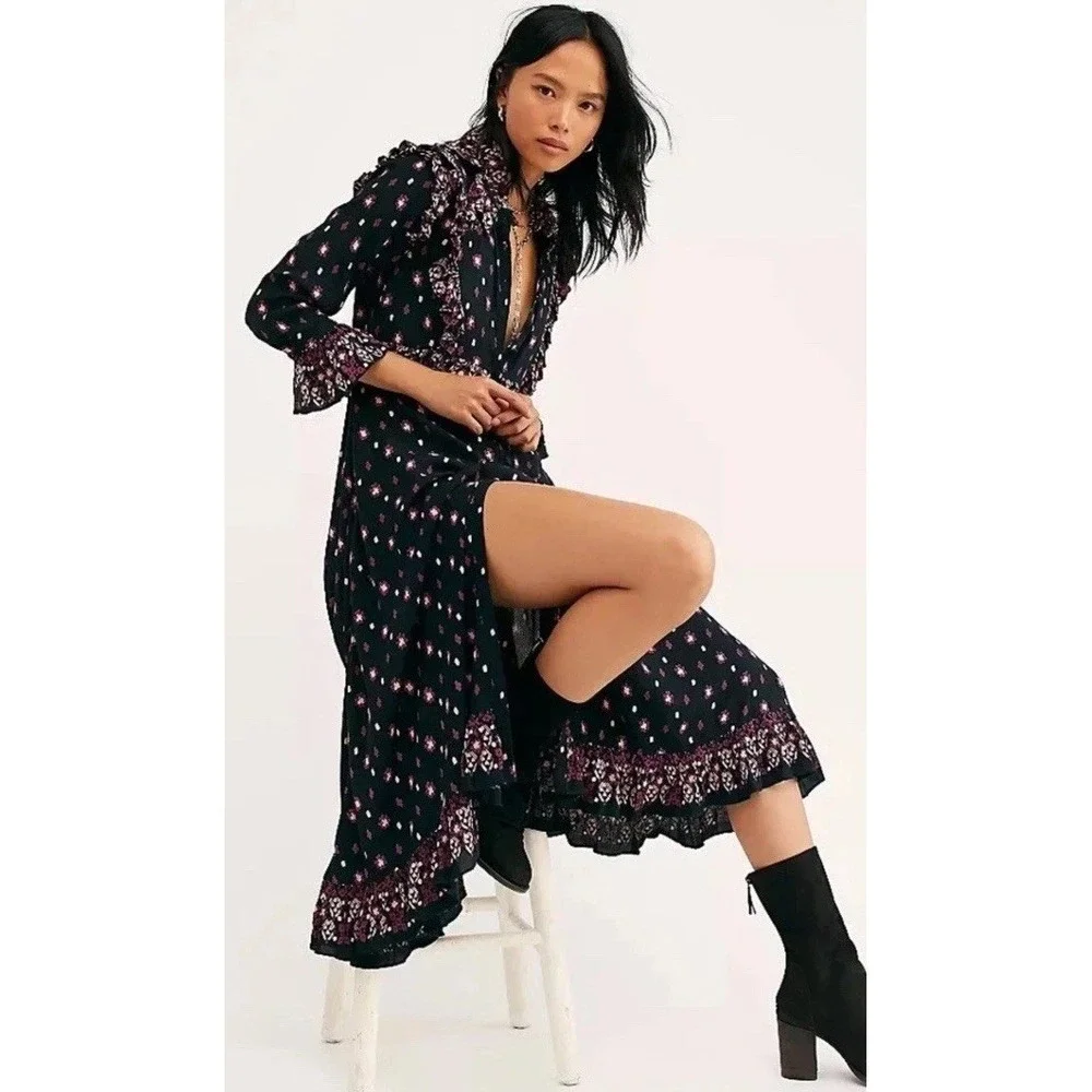 Free‎ People Women Midi Dress Black Floral Calico Skies Cottagecore Boho Sz S